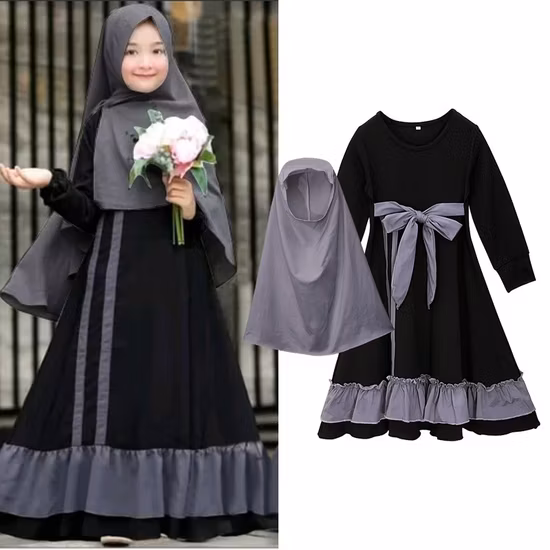 여자 패션 Eid Abaya 이슬람 의류 어린이 귀여운 이슬람 드레스 여자기도 긴 소매 이슬람 드레스